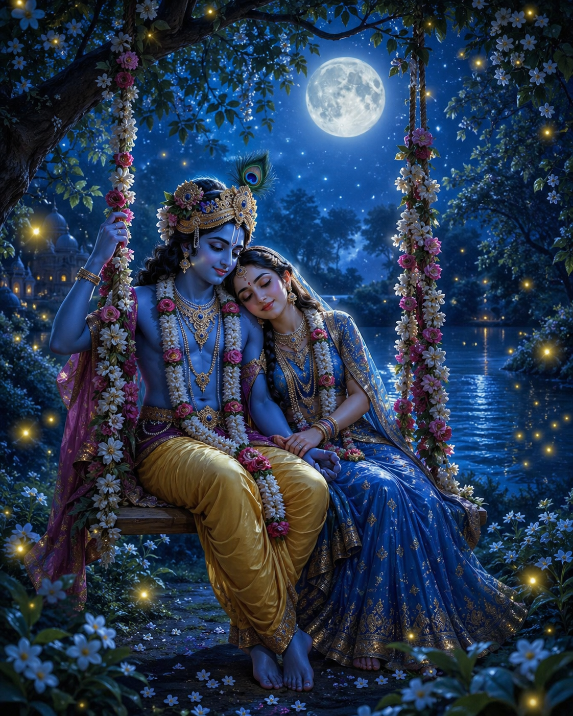 Radha Krishna on flower swing in moonlight night with fireflies full moon and jasmine flowers